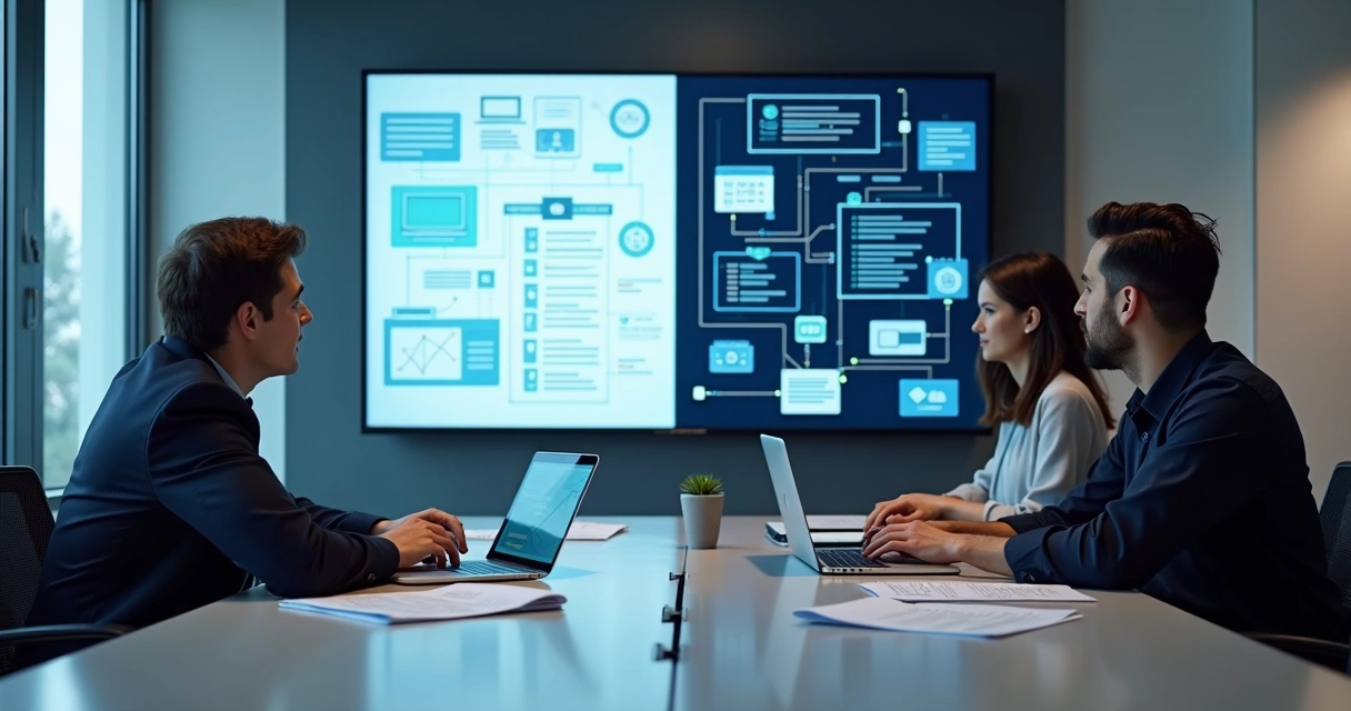 Equipe avaliando painel com low-code e código tradicional 