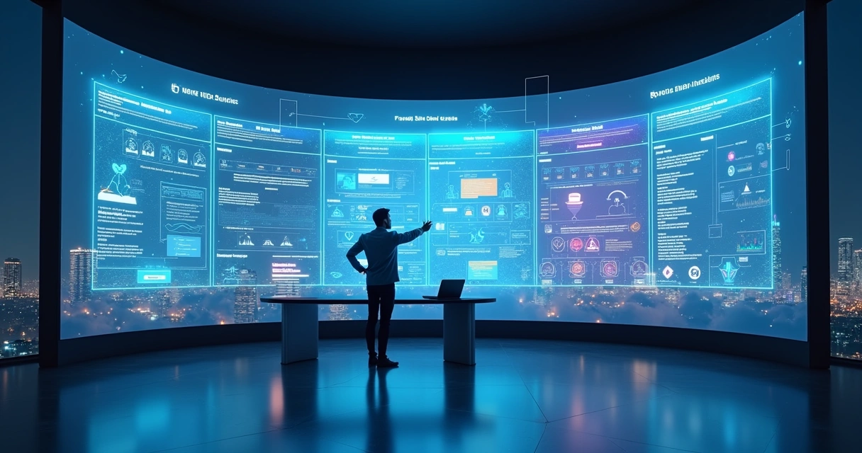 Profissional compara plataformas de automação com IA em painel digital flutuante 