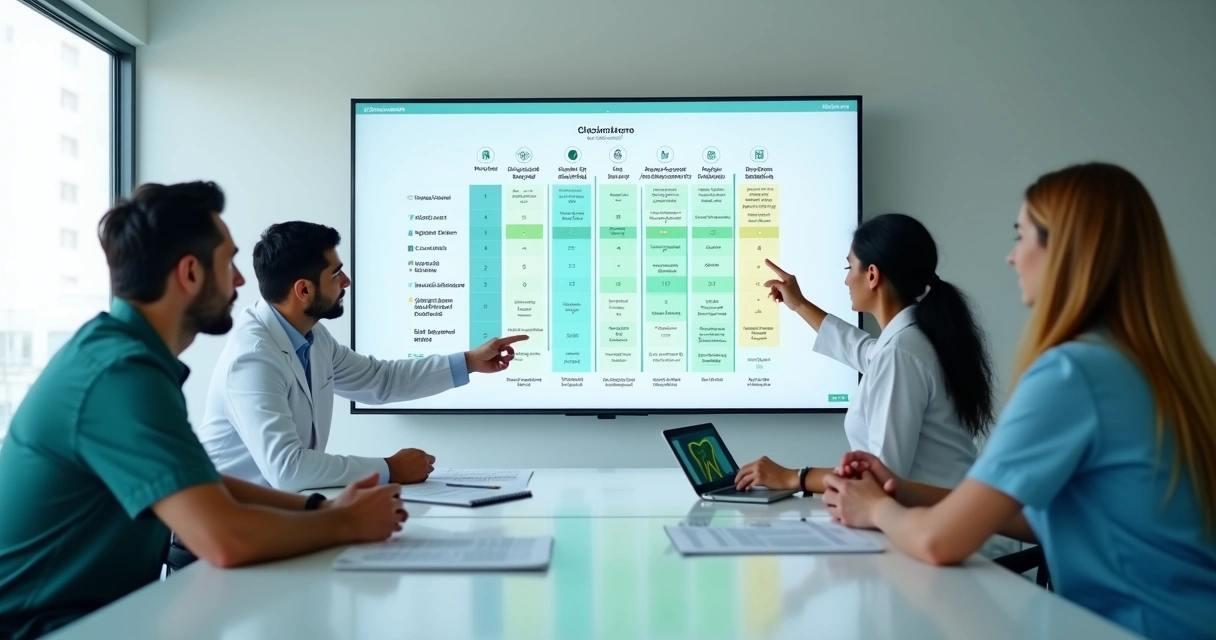 Painel comparativo de softwares de gestão odontológica em tela ampla 