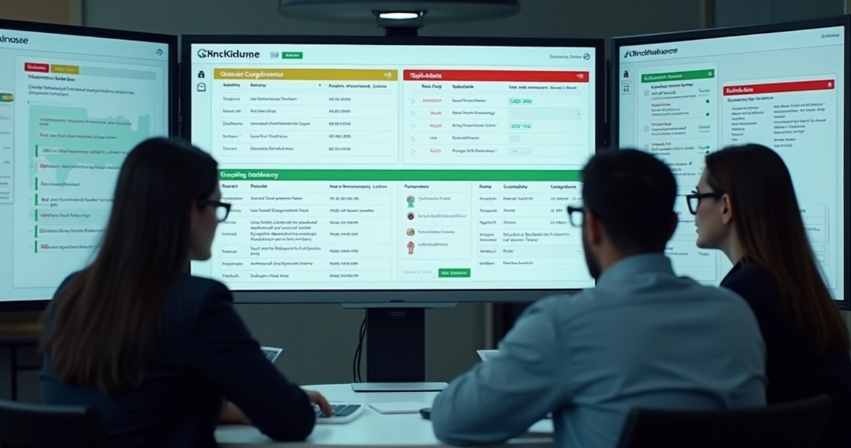Painel digital apresentando status de compliance e risco 