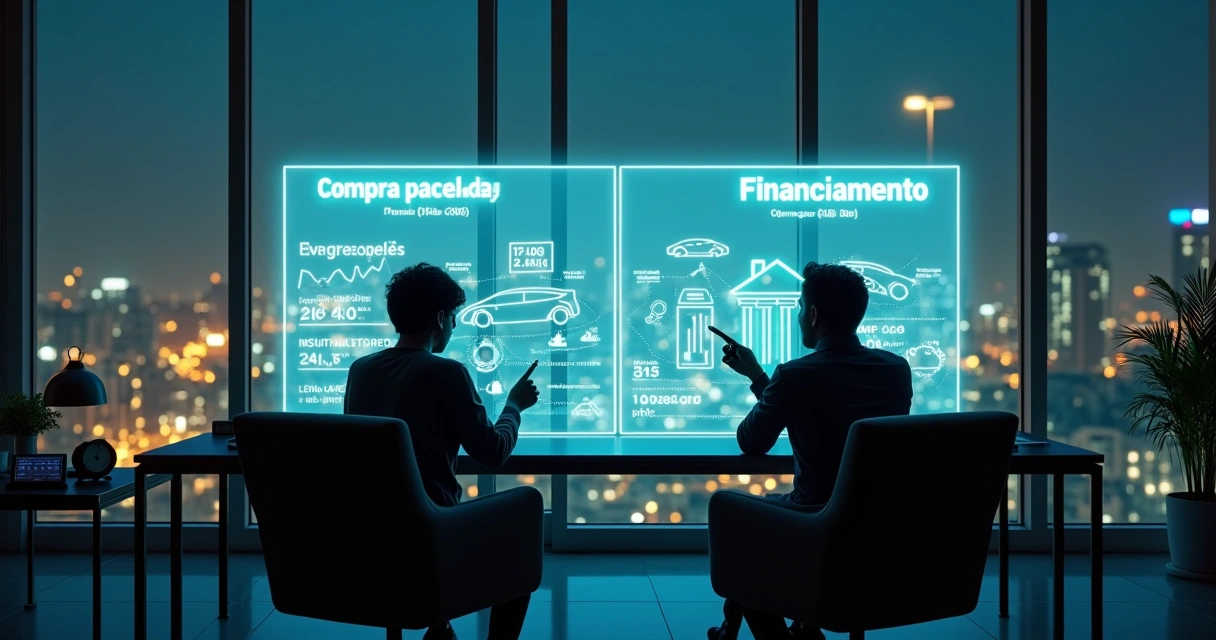 Painel digital comparando compra parcelada e financiamento em 2026 
