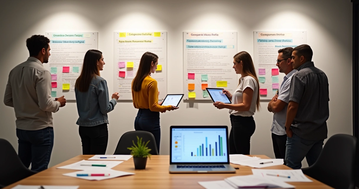Grupo analisa mural com diferentes conceitos de produto 