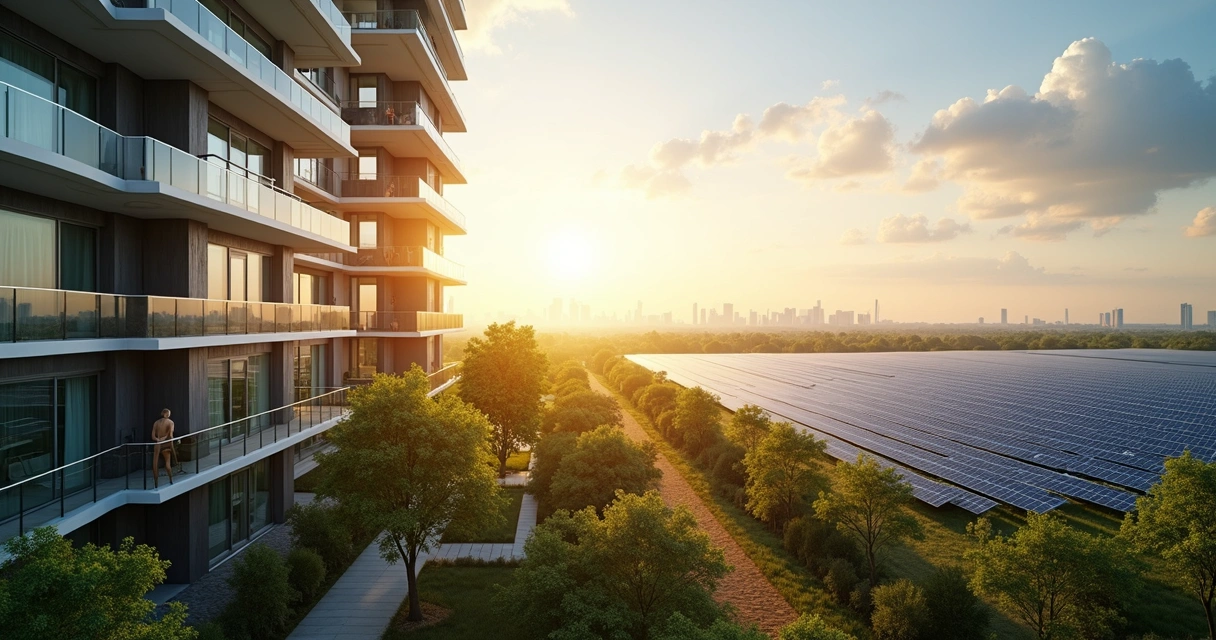 Fachada de prédio residencial com painéis solares à distância 