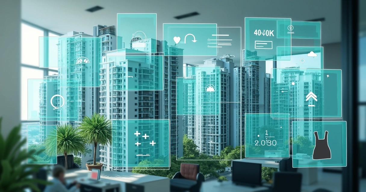 Painel de tecnologia de gestão condominial, mostrando vários prédios, tarefas e notificações 