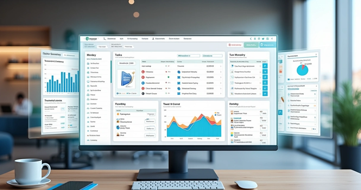 Painel de software de condomínio mostrando dashboard com tarefas, prazos e avisos