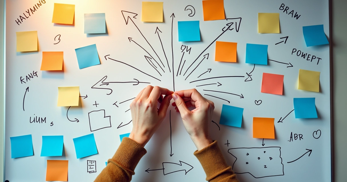 Painel com post-its coloridos conectando ideias e desenhos 