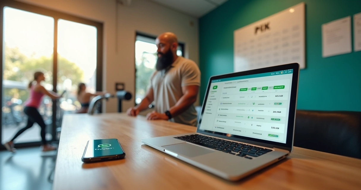 Dono de pequena academia conferindo confirmações automáticas de Pix em painel digital 