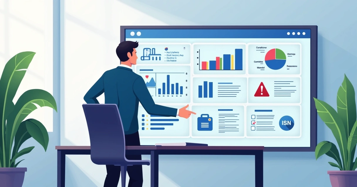 Gestor de TI analisando painel de conformidade em nuvem