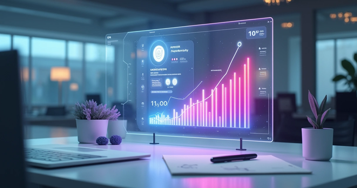 Painel digital mostrando perfil de Instagram com 10k seguidores ao lado de gráficos de valor 