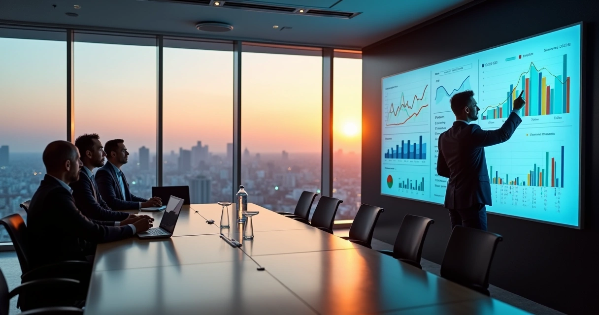 Consultor apresenta indicadores financeiros em tela interativa para empresária 