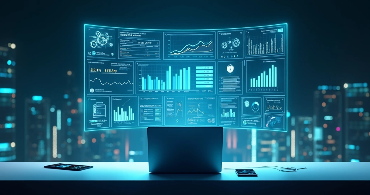 Painel digital com gráficos financeiros e ícones de automação contábil em cenário futurista azul 