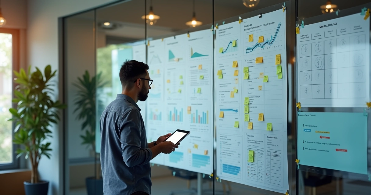 Gestor de PME brasileiro em frente a mural com contratos recorrentes e gráficos de receita previsível 