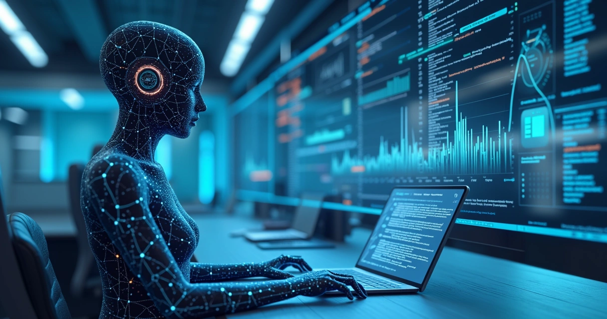 Painel digital com agente virtual analisando dados em tempo real.