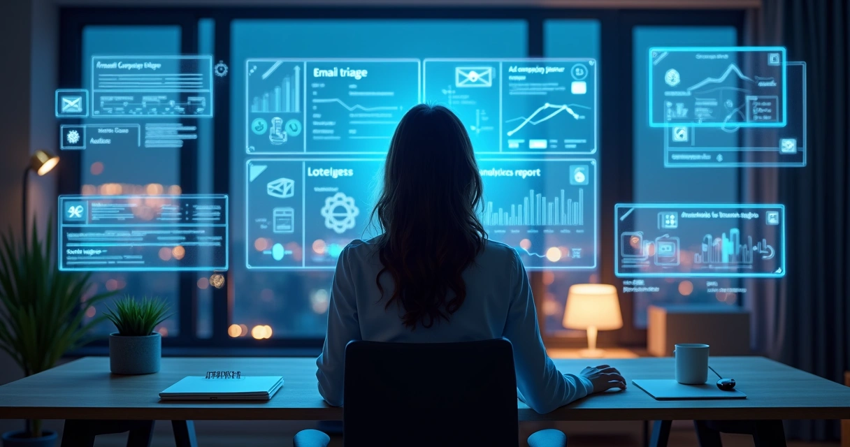 Mulher ajustando painel com vários agentes de IA em telas holográficas 