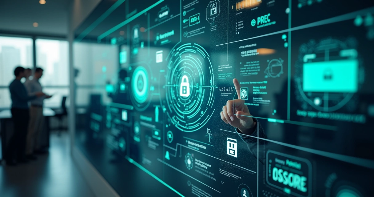 Painel digital com ícones de autenticação, tokens e dispositivos de segurança 