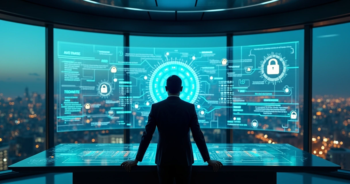 Profissional observa painel de controle digital com ícones de automação e cadeados de segurança 