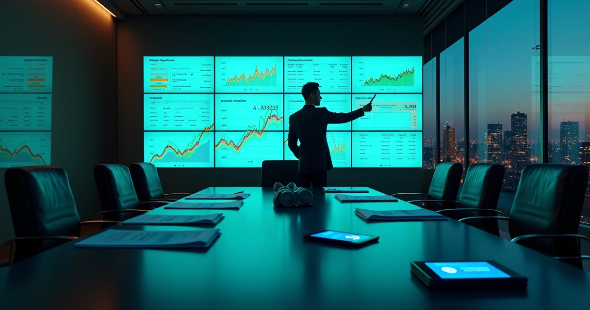 Gestor em sala de reunião observa dashboards financeiros digitais em parede de monitores 
