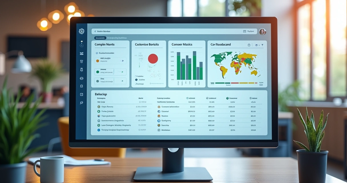 Painel de controle digital com relatórios de compliance e moedas em destaque. 