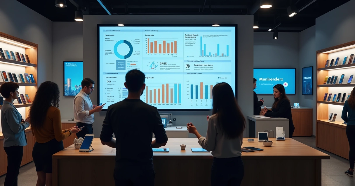 Painel de controle mostrando dados de vendas, estoque e desempenho em loja de celular 