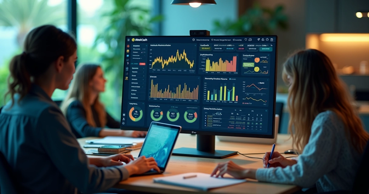 Dashboard financeiro moderno em tela de computador 