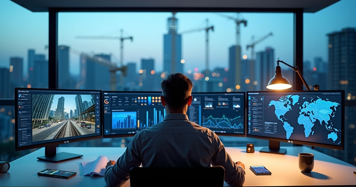 Gestor de obras analisando painel digital com documentação fotográfica automática no escritório 