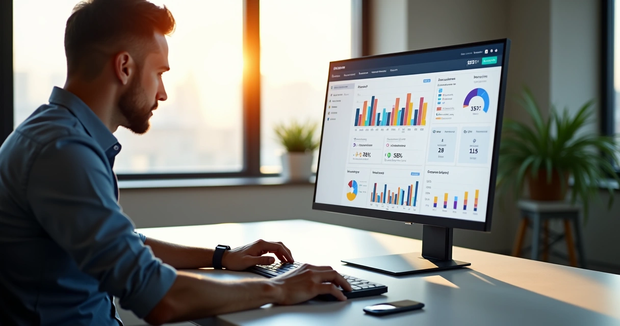 Painel de controle de e-commerce com gráficos e dados em tempo real na tela de um computador 