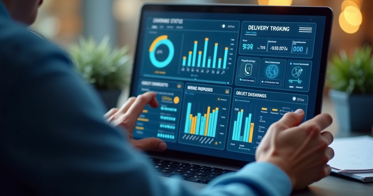 Painel de controle digital mostrando status de entregas e atualizações de pedidos 