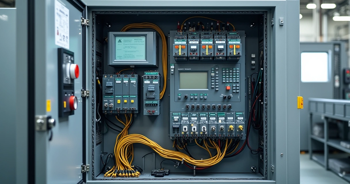 Painel de controle elétrico industrial aberto com PLC Siemens, IHM, botões e cabeamento