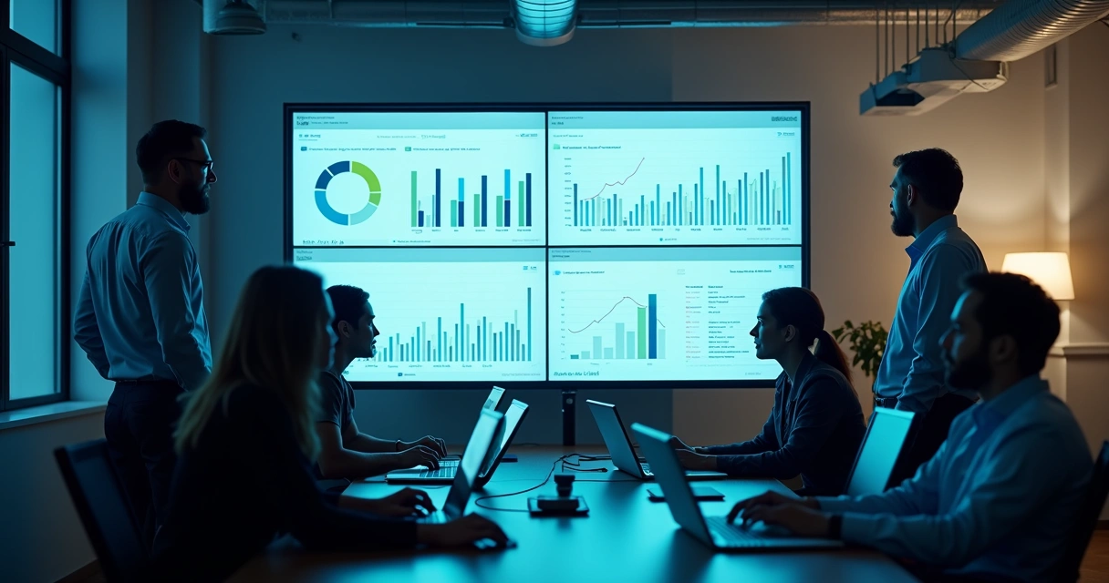 Painel de indicadores empresariais em tela widescreen 