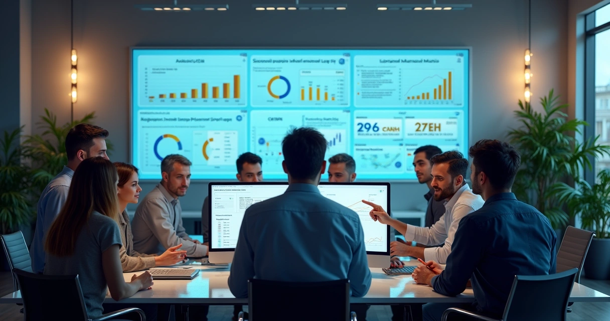 Painel de controle de CRM em tela com equipe reunida