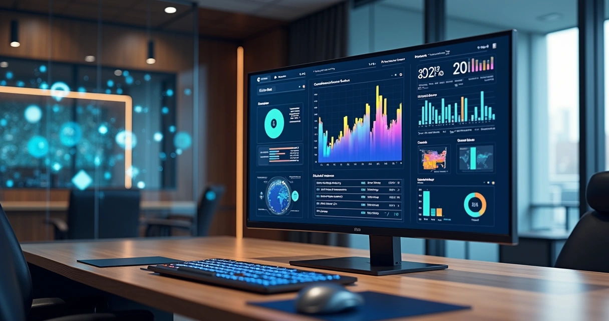 Painel digital moderno exibindo dashboard integrado de ERP com gráficos e indicadores de desempenho de vendas e estoque 