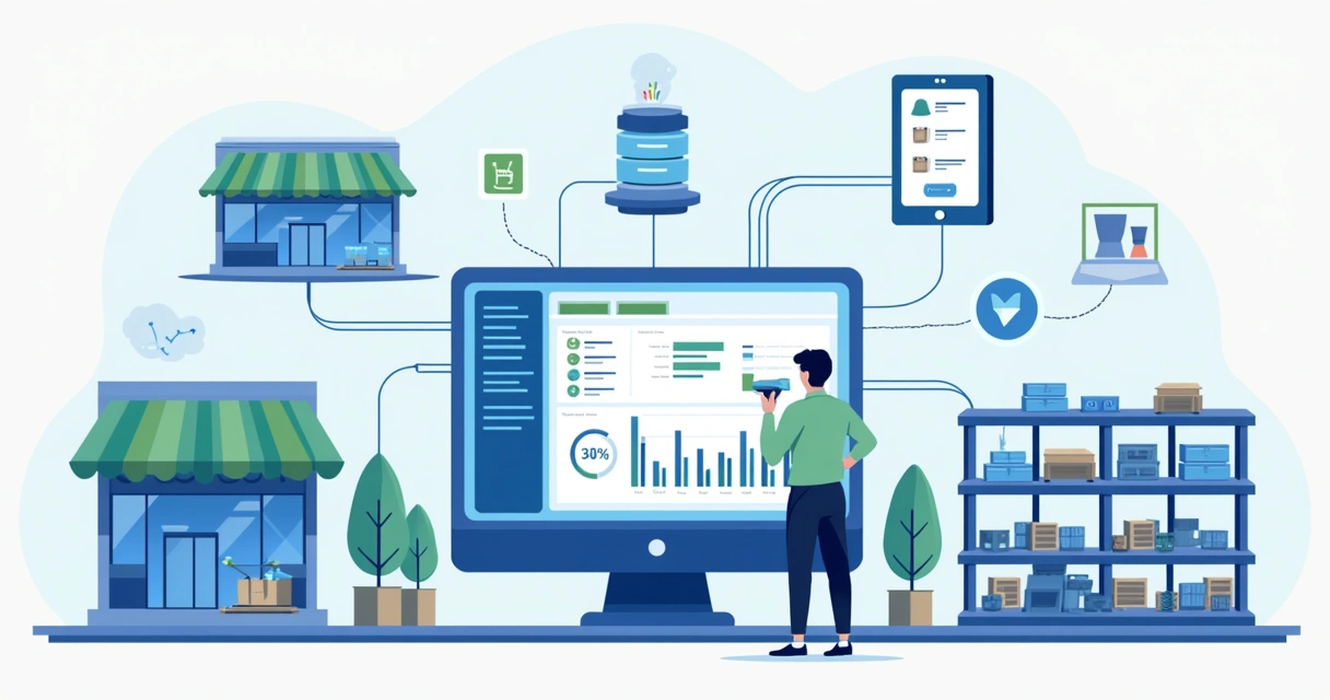 Painel ilustrado com loja física, ecommerce e estoque conectado