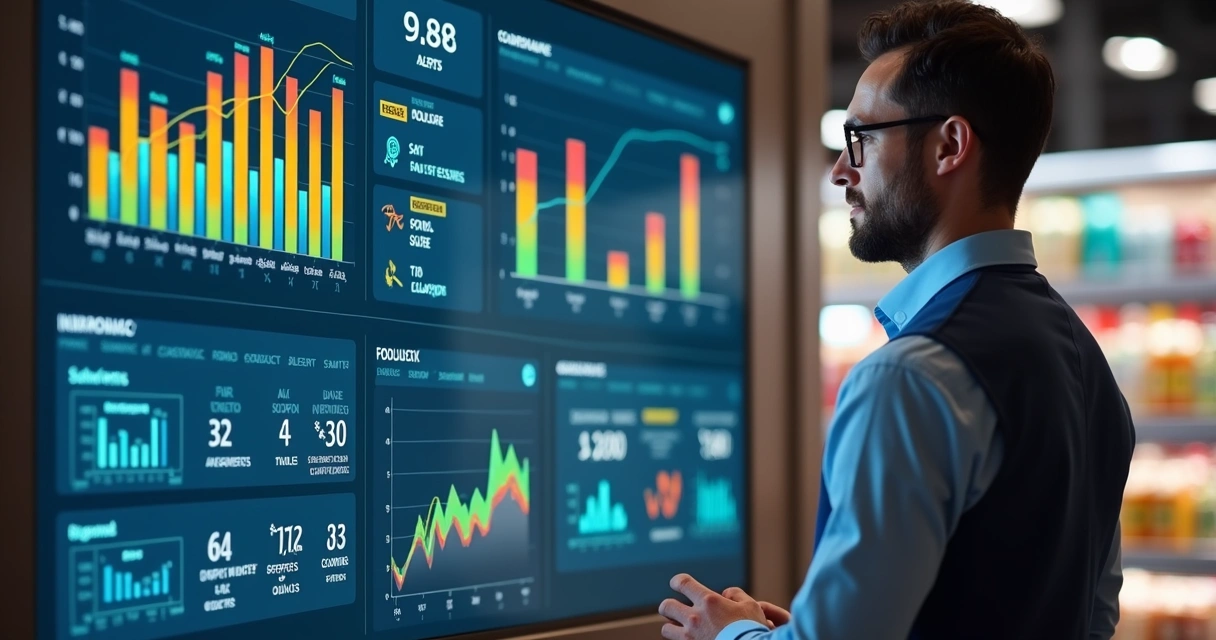 Dashboard analítico de estoque exibindo gráficos e alertas coloridos em uma loja 