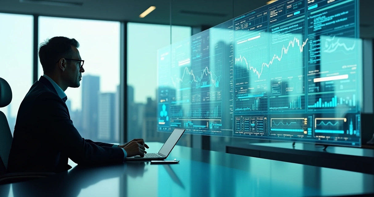 Executivo no escritório analisando painel digital de estratégias de seguro e hedge