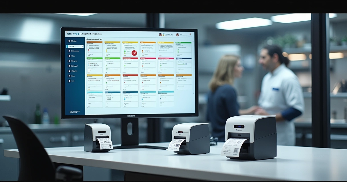 Gerente de alimentos usando painel digital para configurar etiquetas de validade em tela grande 