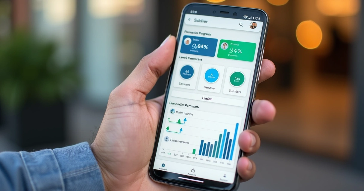 Tela de painel digital mostrando métricas de fidelidade em celular 