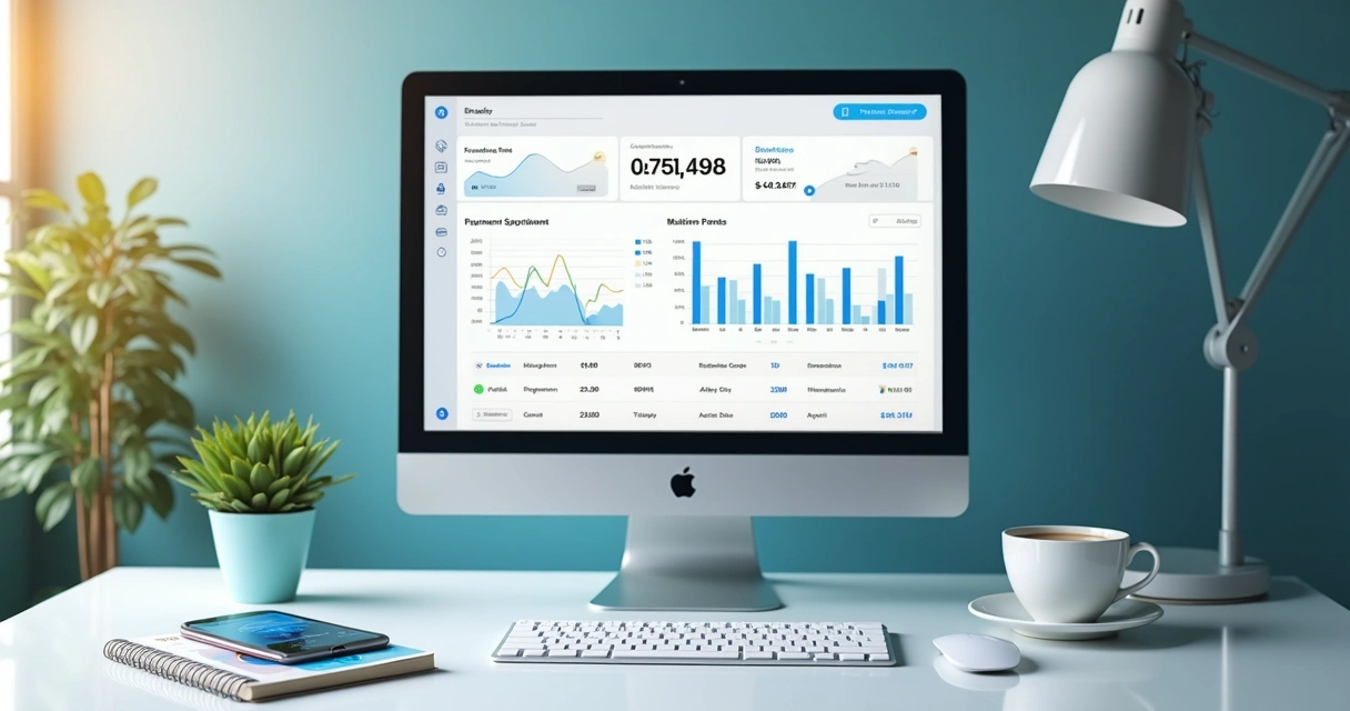 Painel de controle financeiro exibindo saldo e relatórios de vendas 