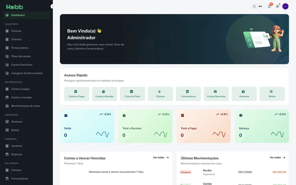 Tela do painel de controle de sistema financeiro com menu lateral e opções de cadastros e movimentações