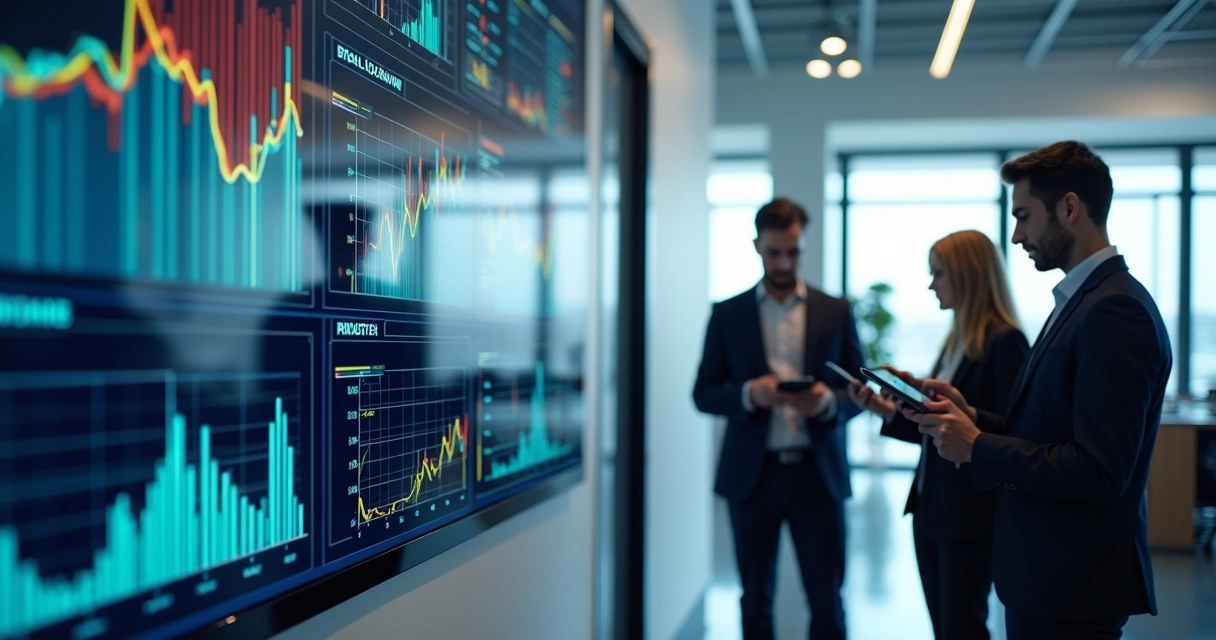 Painel digital de controle financeiro exibido em grande tela em escritório moderno 