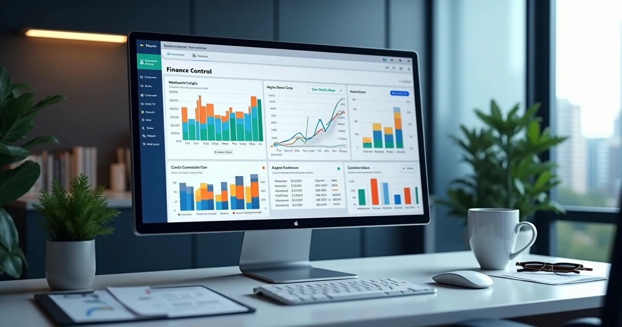 Painel digital com gráficos e números sobre controle financeiro empresarial