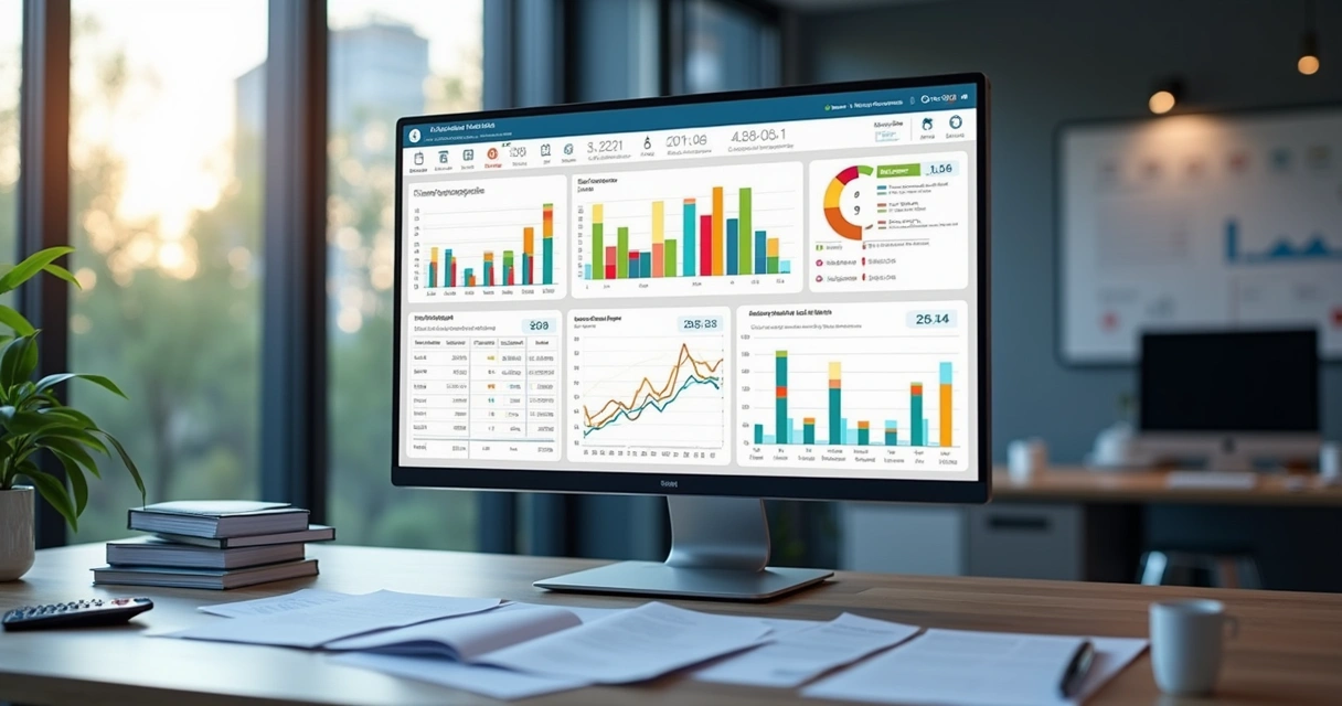 Tela de software de controle financeiro exibindo gráficos, fluxo de caixa e relatórios detalhados em dashboard moderno 