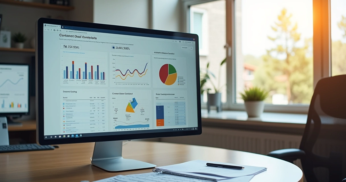 Painel de controle de gestão imobiliária digital com gráficos e contratos