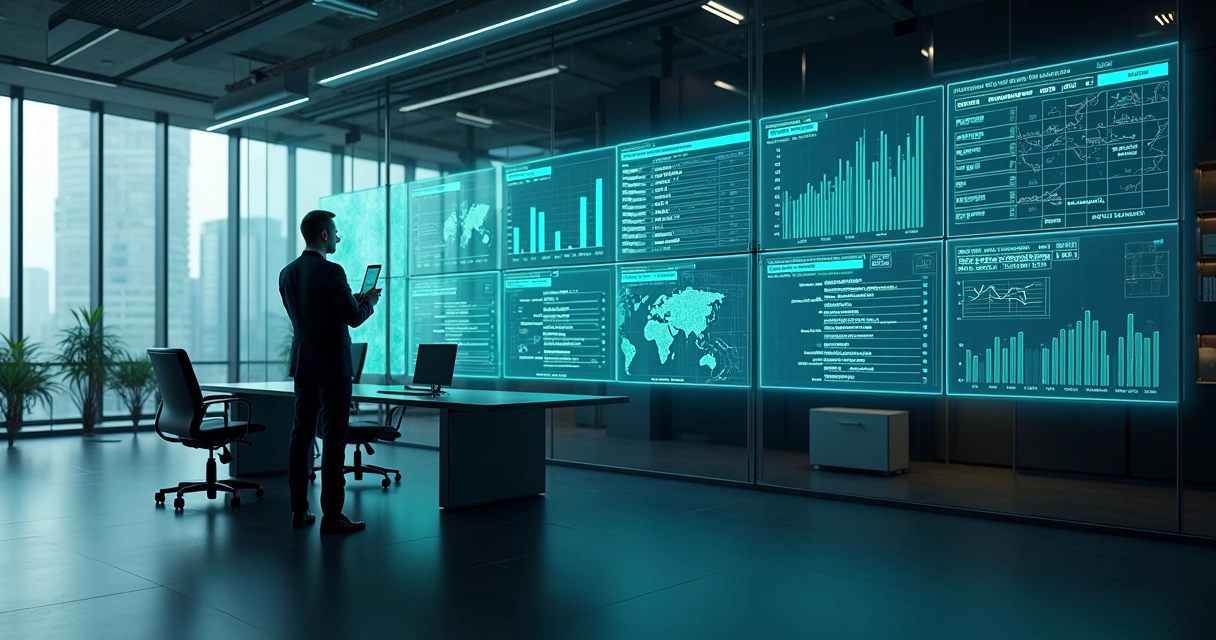 Gestor analisa painel de controle de dados IA em ambiente corporativo 