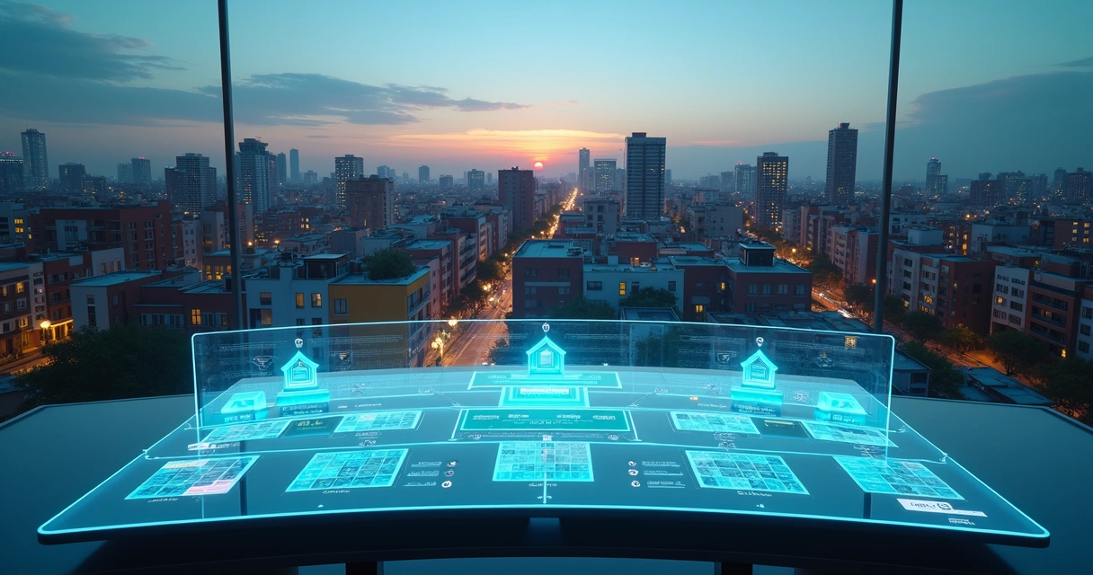 Cidade ao anoitecer integrada a painel futurista de controle imobiliário 