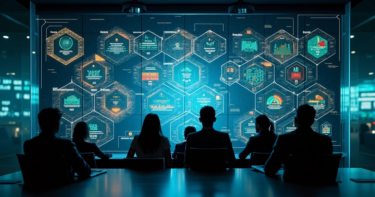Mural digital com hexágonos coloridos mostrando indicadores de inadimplência e riscos financeiros 