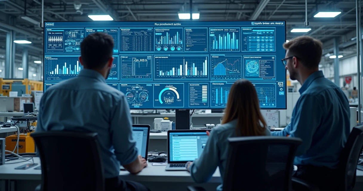 Painel digital de controle mostrando indicadores de produção industrial em uma tela grande 