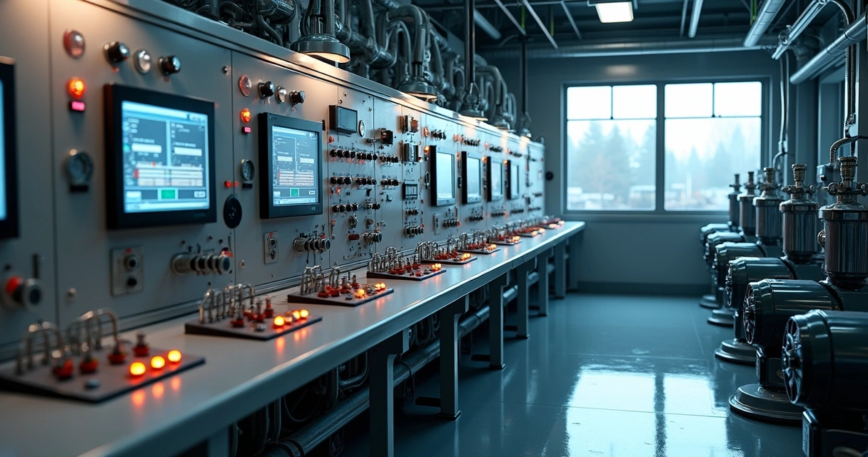 Painel de controle industrial moderno com luzes e instrumentos conectados a motores 
