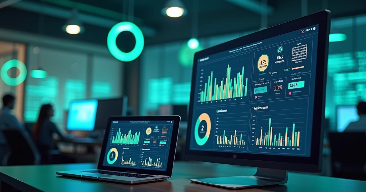 Painel de controle digital mostrando integração entre sistemas de vendas, estoques e logística 