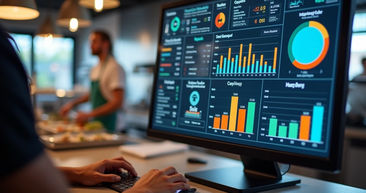 Painel de controle digital com pedidos e informações de vendas 
