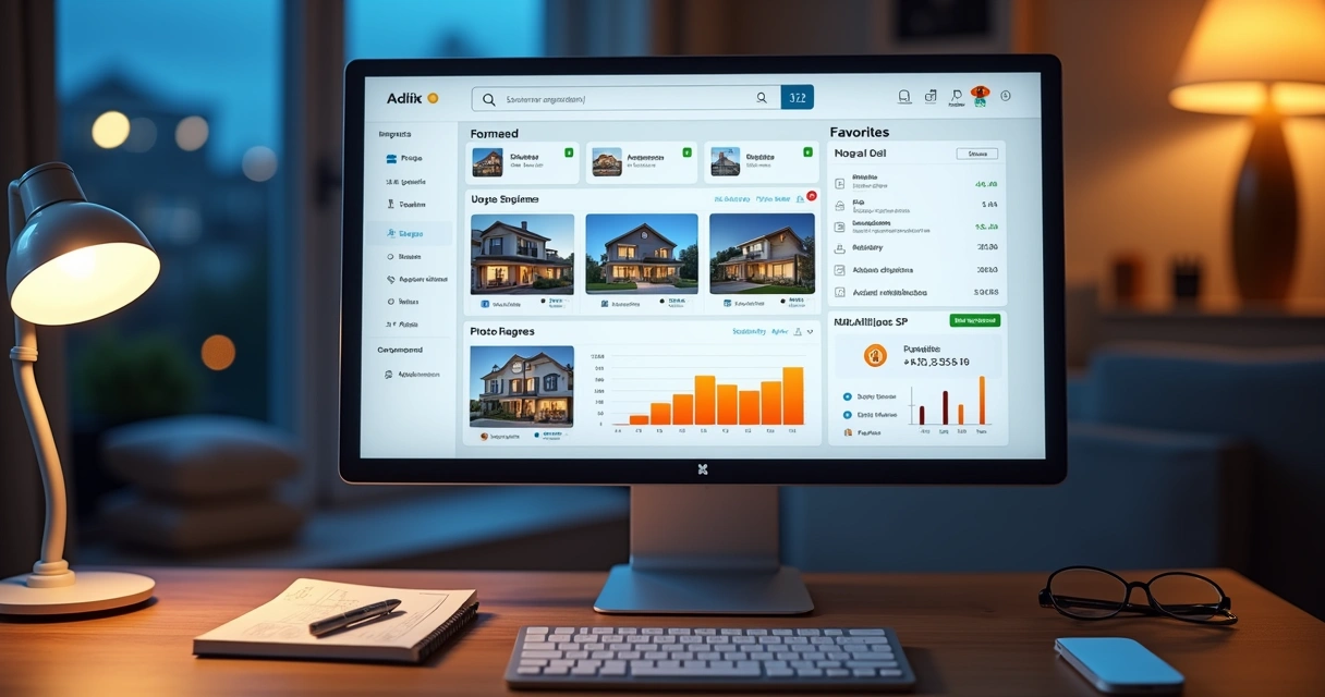 Tela de painel digital com ferramenta para pesquisar e analisar leilões de imóveis 